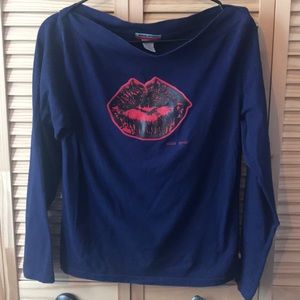 Navy Blue Long Sleeve Top with Red Lip Print